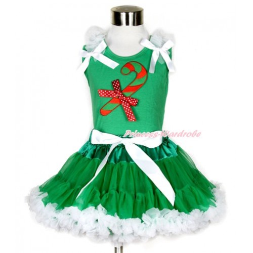 Xmas Kelly Green Tank Top with Christmas Stick Print & Minnie Dots Bow with White Ruffles & White Bow & Kelly Green White Pettiskirt MH126 