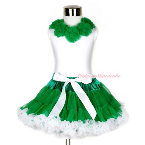 Xmas White Tank Top with Kelly Green Rosettes & Kelly Green White Pettiskirt MG815 