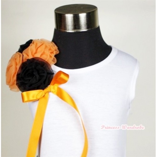 White Tank Top with Bunch of  Orange Black Rosettes and Orange Bow TB253 