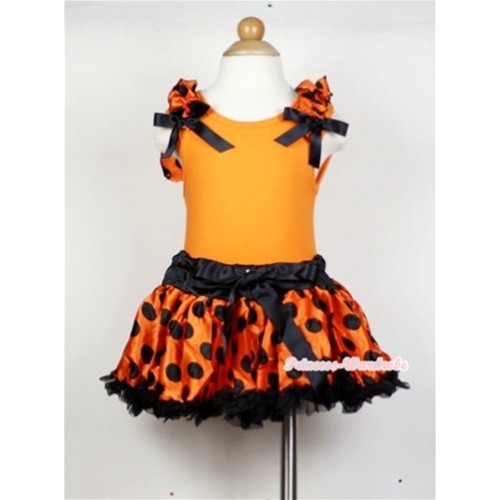 Orange Baby Pettitop & Orange Black Polka Dots Ruffles & Black Bow with Orange Black Polka Dots Newborn Pettiskirt  NO04 