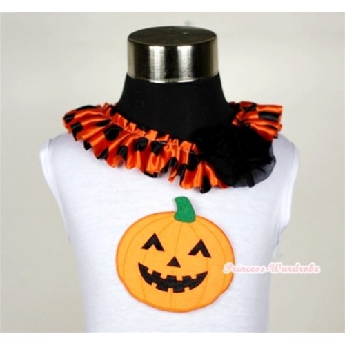 Halloween Pumpkin Print White Tank Tops with Orange Black Polka Dots Satin Lacing and One Black Rose TB492 