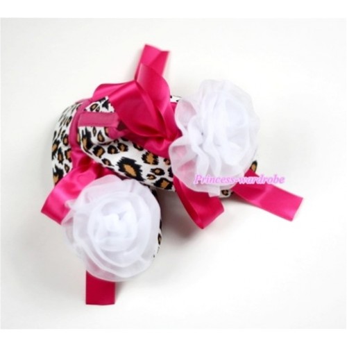Leopard with Hot Pink Ribbon Crib Shoes with White Rosettes S137 