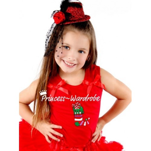 Red Tank Top In Christmas Sock with Red Ribbon & Red Pettiskirt CM101 
