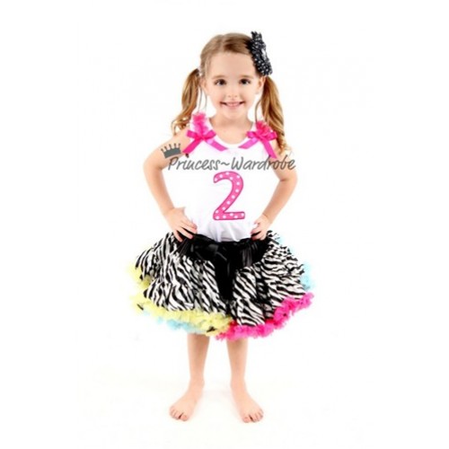 White Tank Top & 2nd Birthday Hot Pink White Polka Dots Print number & Hot Pink Ruffles & Hot Pink Bow with Zebra Rainbow Pettiskirt MM79 