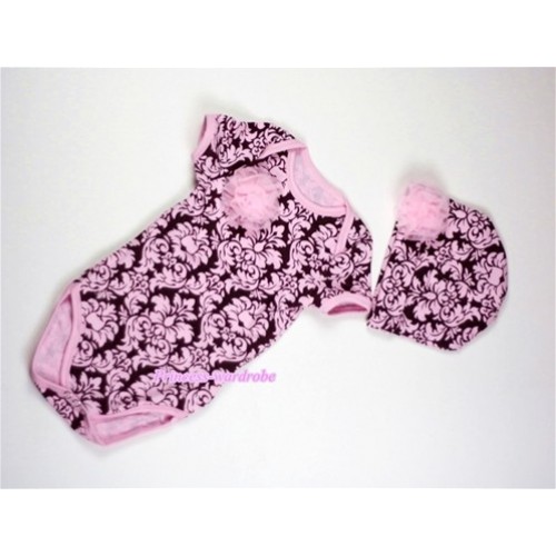 Light Pink Damask Print Baby Jumpsuit with One Light Pink Rose and Cap Set TH232 