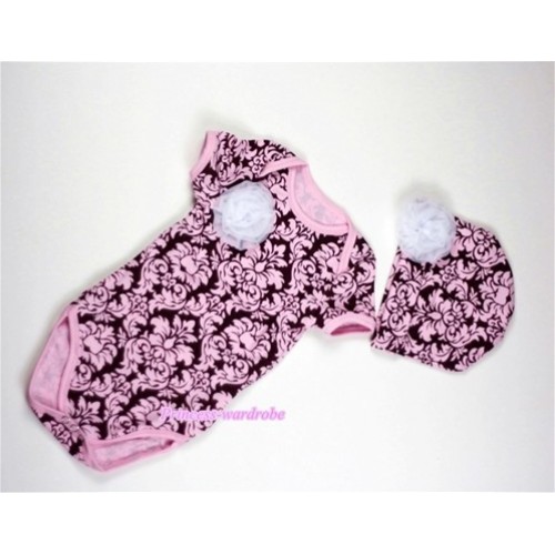 Light Pink Damask Print Baby Jumpsuit with One White Rose and Cap Set TH233 