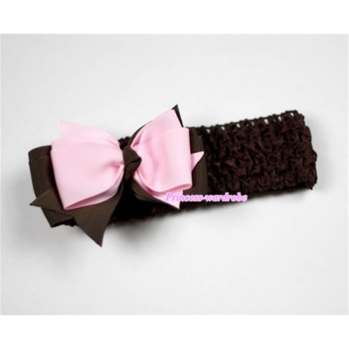 Brown Headband with Brown & Light Pink Ribbon Hair Bow Clip H452 