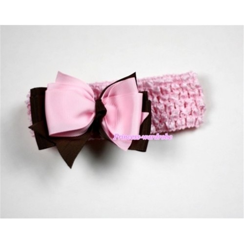 Light Pink Headband with Brown & Light Pink Ribbon Hair Bow Clip H453 