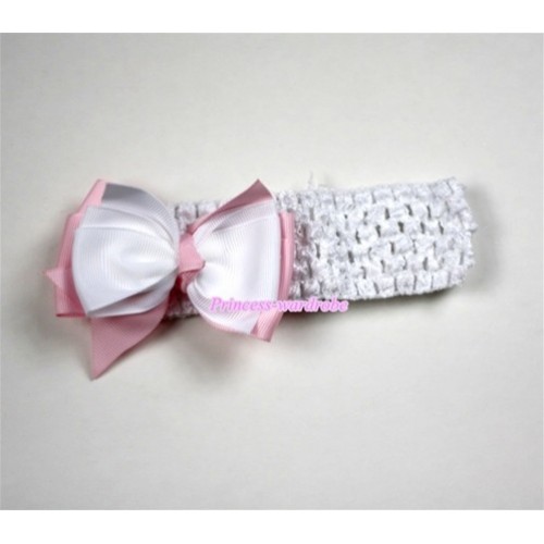 White Headband with White & Light Pink Ribbon Hair Bow Clip H456 