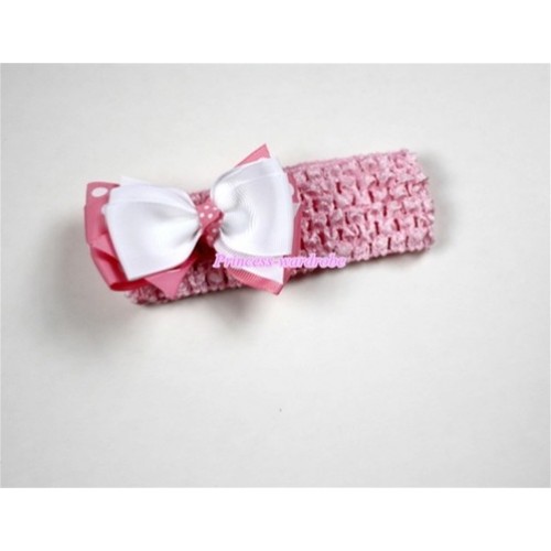 Light Pink Headband with White & Light Pink White Polka Dots Ribbon Hair Bow Clip H461 