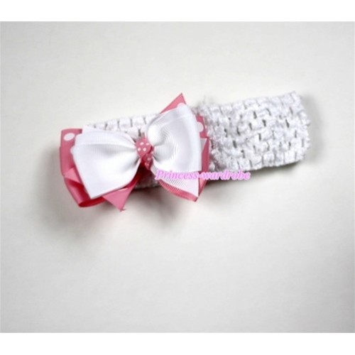 White Headband with White & Light Pink White Polka Dots Ribbon Hair Bow Clip H462 