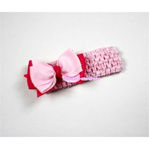 Light Pink Headband with Hot Pink & Light Pink Ribbon Hair Bow Clip H467 