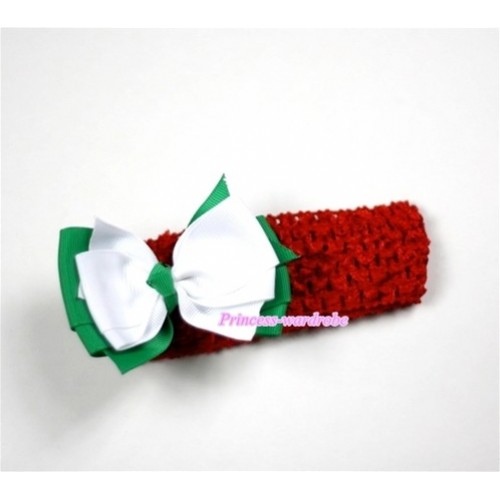 Red Headband with Green & White Ribbon Hair Bow Clip H470 