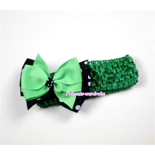 Green Headband with Black White Polka Dots & Green Ribbon Hair Bow Clip H473 