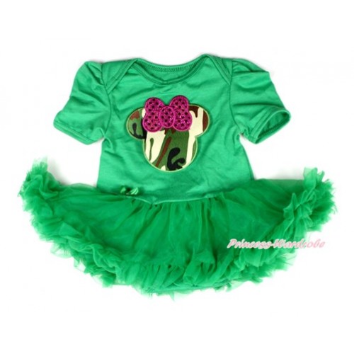 Kelly Green Baby Bodysuit Jumpsuit Kelly Green Pettiskirt with Sparkle Hot Pink Camouflage Minnie Print JS2003 