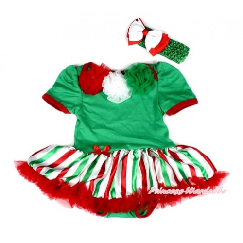Xmas Kelly Green Baby Jumpsuit Red White Green Striped Pettiskirt With Red White Kelly Green Rosettes With Kelly Green Headband White Red Ribbon Bow JS2019 