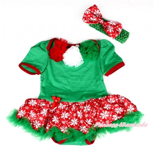 Xmas Kelly Green Baby Jumpsuit Red Snowflakes Pettiskirt With Red White Kelly Green Rosettes With Kelly Green Headband Red Snowflakes Satin Bow JS2020 