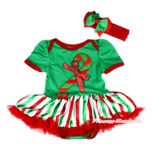 Xmas Kelly Green Baby Bodysuit Jumpsuit Red White Green Striped Pettiskirt With Christmas Stick Print & Minnie Dots Bow With Red Headband Green Red Ribbon Bow JS2021 