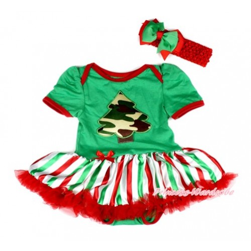 Kelly Green Baby Bodysuit Jumpsuit Red White Green Striped Pettiskirt With Camouflage Tree Print With Red Headband Green Red Ribbon Bow JS2023 