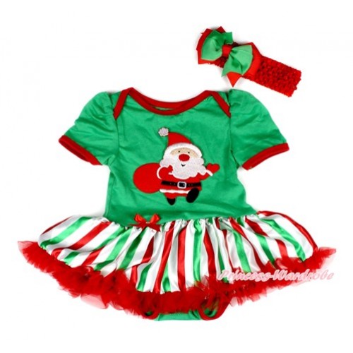 Xmas Kelly Green Baby Bodysuit Jumpsuit Red White Green Striped Pettiskirt With Gift Bag Santa Claus Print With Red Headband Green Red Ribbon Bow JS2024 