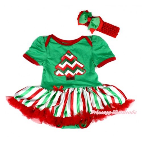Xmas Kelly Green Baby Bodysuit Jumpsuit Red White Green Striped Pettiskirt With Red White Green Wave Christmas Tree Print With Red Headband Green Red Ribbon Bow JS2025 