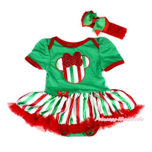Xmas Kelly Green Baby Bodysuit Jumpsuit Red White Green Striped Pettiskirt With Red White Green Striped Minnie Print With Red Headband Green Red Ribbon Bow JS2026 