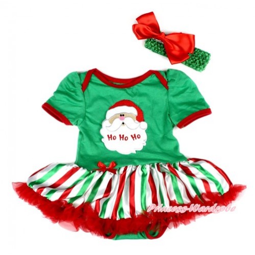Xmas Kelly Green Baby Bodysuit Jumpsuit Red White Green Striped Pettiskirt With Santa Claus Print With Kelly Green Headband Red Silk Bow JS2027 