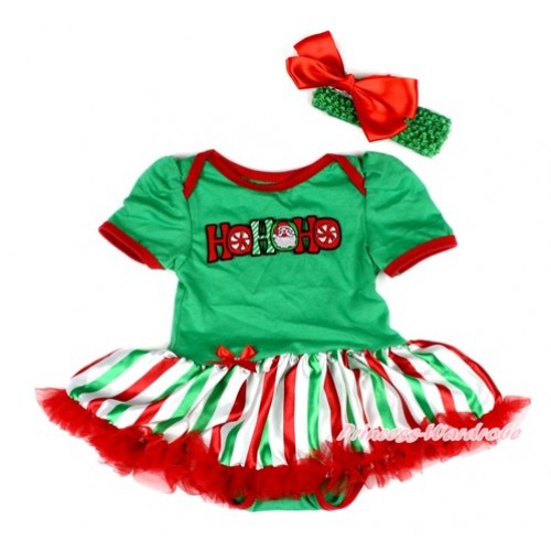 Xmas Kelly Green Baby Bodysuit Jumpsuit Red White Green Striped Pettiskirt With HOHOHO Santa Claus Print With Kelly Green Headband Red Silk Bow JS2028 