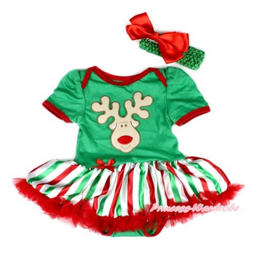 Xmas Kelly Green Baby Bodysuit Jumpsuit Red White Green Striped Pettiskirt With Christmas Reindeer Print With Kelly Green Headband Red Silk Bow JS2031 