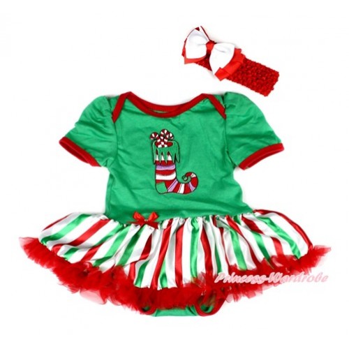 Xmas Kelly Green Baby Bodysuit Jumpsuit Red White Green Striped Pettiskirt With Christmas Stocking Print With Red Headband White Red Ribbon Bow JS2034 