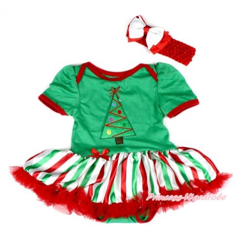 Xmas Kelly Green Baby Bodysuit Jumpsuit Red White Green Striped Pettiskirt With Christmas Tree Print With Red Headband White Red Ribbon Bow JS2035 