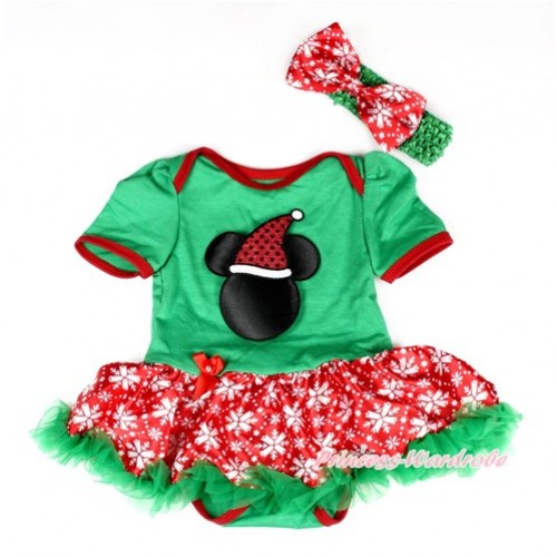 Xmas Kelly Green Baby Bodysuit Jumpsuit Red Snowflakes Pettiskirt With Christmas Minnie Print With Kelly Green Headband Red Snowflakes Satin Bow JS2038 