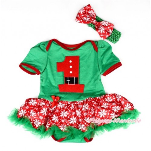 Xmas Kelly Green Baby Bodysuit Jumpsuit Red Snowflakes Pettiskirt With 1st Santa Claus Birthday Number Print With Kelly Green Headband Red Snowflakes Satin Bow JS2039 