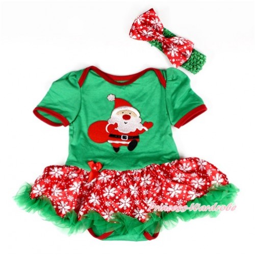 Xmas Kelly Green Baby Bodysuit Jumpsuit Red Snowflakes Pettiskirt With Gift Bag Santa Claus Print With Kelly Green Headband Red Snowflakes Satin Bow JS2040 