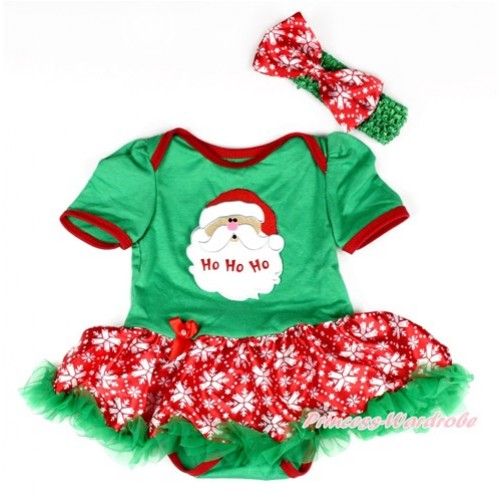 Xmas Kelly Green Baby Bodysuit Jumpsuit Red Snowflakes Pettiskirt With Santa Claus Print With Kelly Green Headband Red Snowflakes Satin Bow JS2042 