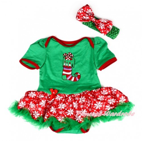 Xmas Kelly Green Baby Bodysuit Jumpsuit Red Snowflakes Pettiskirt With Christmas Stocking Print With Kelly Green Headband Red Snowflakes Satin Bow JS2043 
