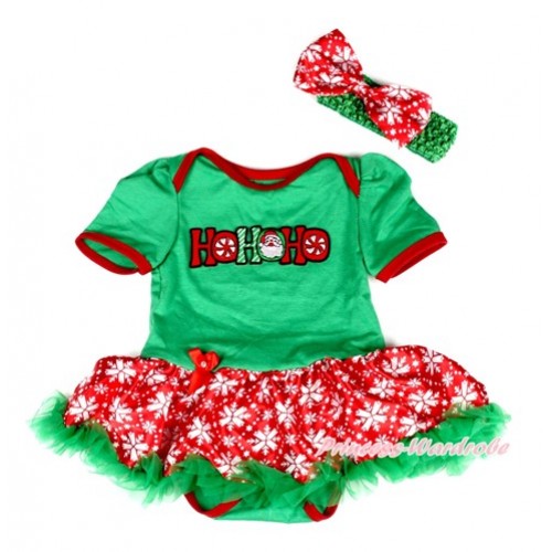 Xmas Kelly Green Baby Bodysuit Jumpsuit Red Snowflakes Pettiskirt With HOHOHO Santa Claus Print With Kelly Green Headband Red Snowflakes Satin Bow JS2044 
