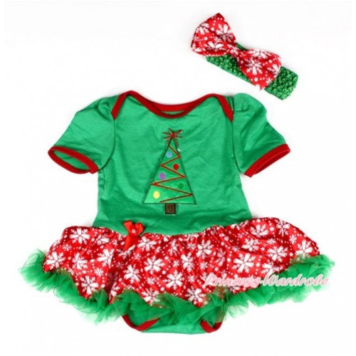 Xmas Kelly Green Baby Bodysuit Jumpsuit Red Snowflakes Pettiskirt With Christmas Tree Print With Kelly Green Headband Red Snowflakes Satin Bow JS2045 