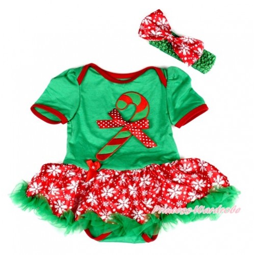 Xmas Kelly Green Baby Bodysuit Jumpsuit Red Snowflakes Pettiskirt With Christmas Stick Print & Minnie Dots Bow With Kelly Green Headband Red Snowflakes Satin Bow JS2046 
