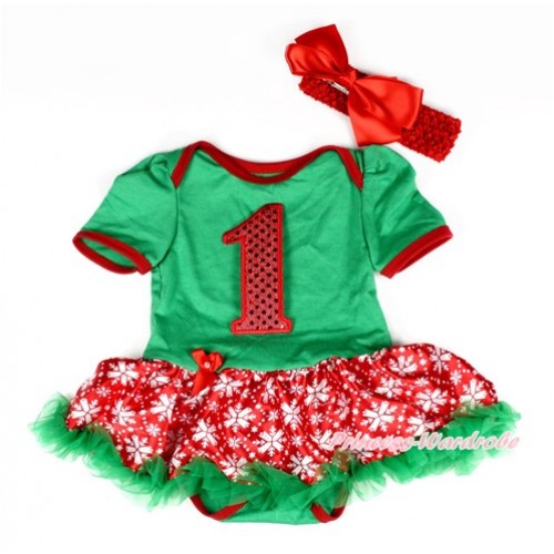 Kelly Green Baby Bodysuit Jumpsuit Red Snowflakes Pettiskirt With 1ST Sparkle  Red Birthday Number Print With Red Headband Red Silk Bow JS2048 