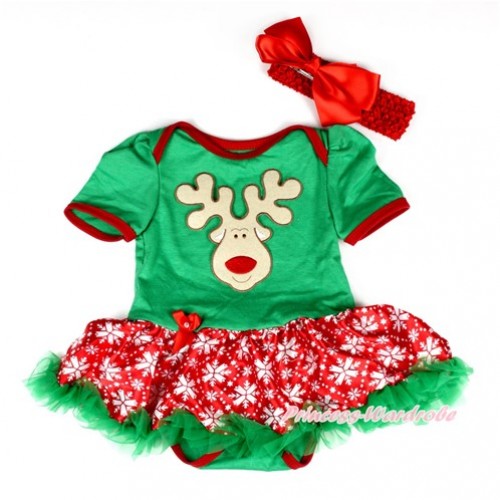 Xmas Kelly Green Baby Bodysuit Jumpsuit Red Snowflakes Pettiskirt With Christmas Reindeer Print With Red Headband Red Silk Bow JS2050 