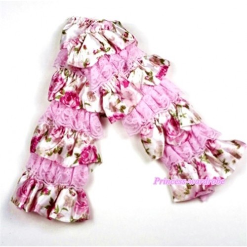 Baby Light Pink & Rosettes Fusion Print Lace Leg Warmers Leggings LG203 