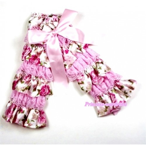 Baby Light Pink & Rosettes Fusion Print Lace Leg Warmers Leggings with Light Pink Ribbon   LG204 