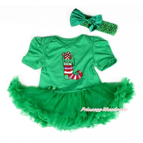 Xmas Kelly Green Baby Bodysuit Jumpsuit Kelly Green Pettiskirt With Christmas Stocking Print With Kelly Green Headband Kelly Green Satin Bow JS2055 