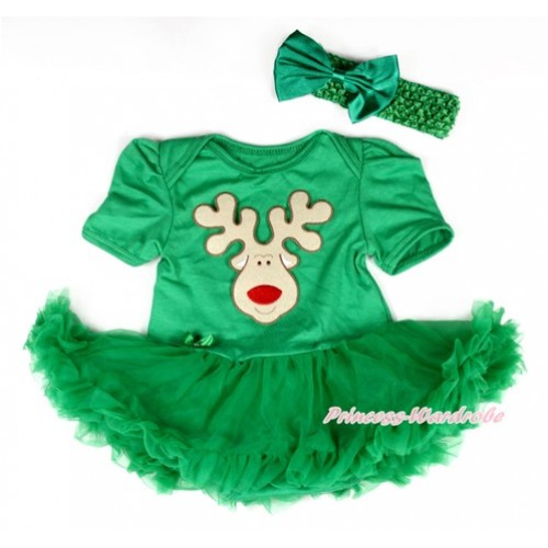Xmas Kelly Green Baby Bodysuit Jumpsuit Kelly Green Pettiskirt With Christmas Reindeer Print With Kelly Green Headband Kelly Green Satin Bow JS2059 