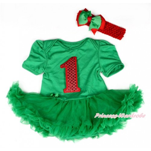 Kelly Green Baby Bodysuit Jumpsuit Kelly Green Pettiskirt With 1st Sparkle Red Birthday Number Print With Red Headband Green Red Ribbon Bow JS2061 
