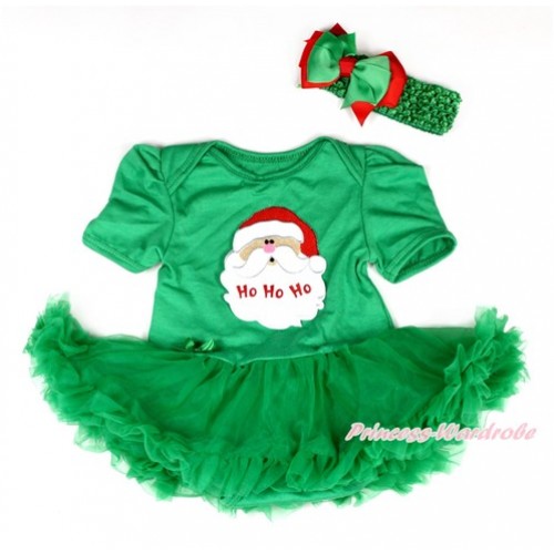 Xmas Kelly Green Baby Bodysuit Jumpsuit Kelly Green Pettiskirt With Santa Claus Print With Kelly Green Headband Green Red Ribbon Bow JS2062 