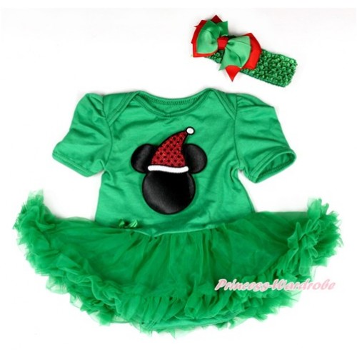 Xmas Kelly Green Baby Bodysuit Jumpsuit Kelly Green Pettiskirt With Christmas Minnie Print With Kelly Green Headband Green Red Ribbon Bow JS2063 