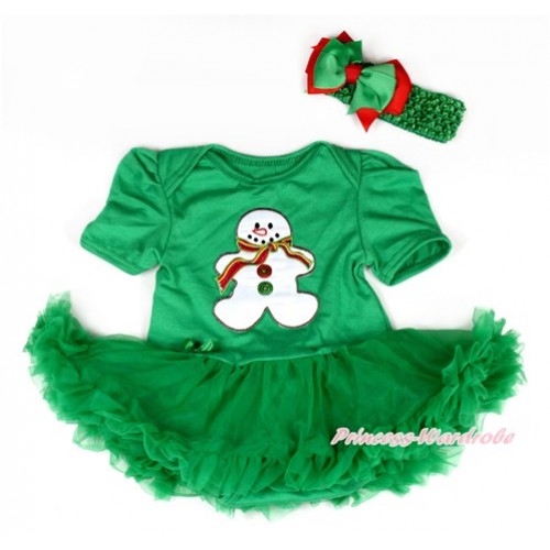 Xmas Kelly Green Baby Bodysuit Jumpsuit Kelly Green Pettiskirt With Christmas Gingerbread Snowman Print With Kelly Green Headband Green Red Ribbon Bow JS2064 