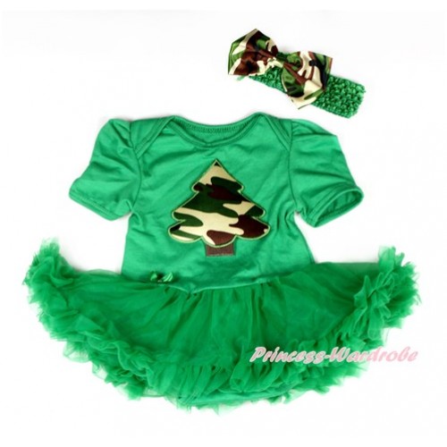 Kelly Green Baby Bodysuit Jumpsuit Kelly Green Pettiskirt With Camouflage Tree Print With Kelly Green Headband Camouflage Satin Bow JS2066 